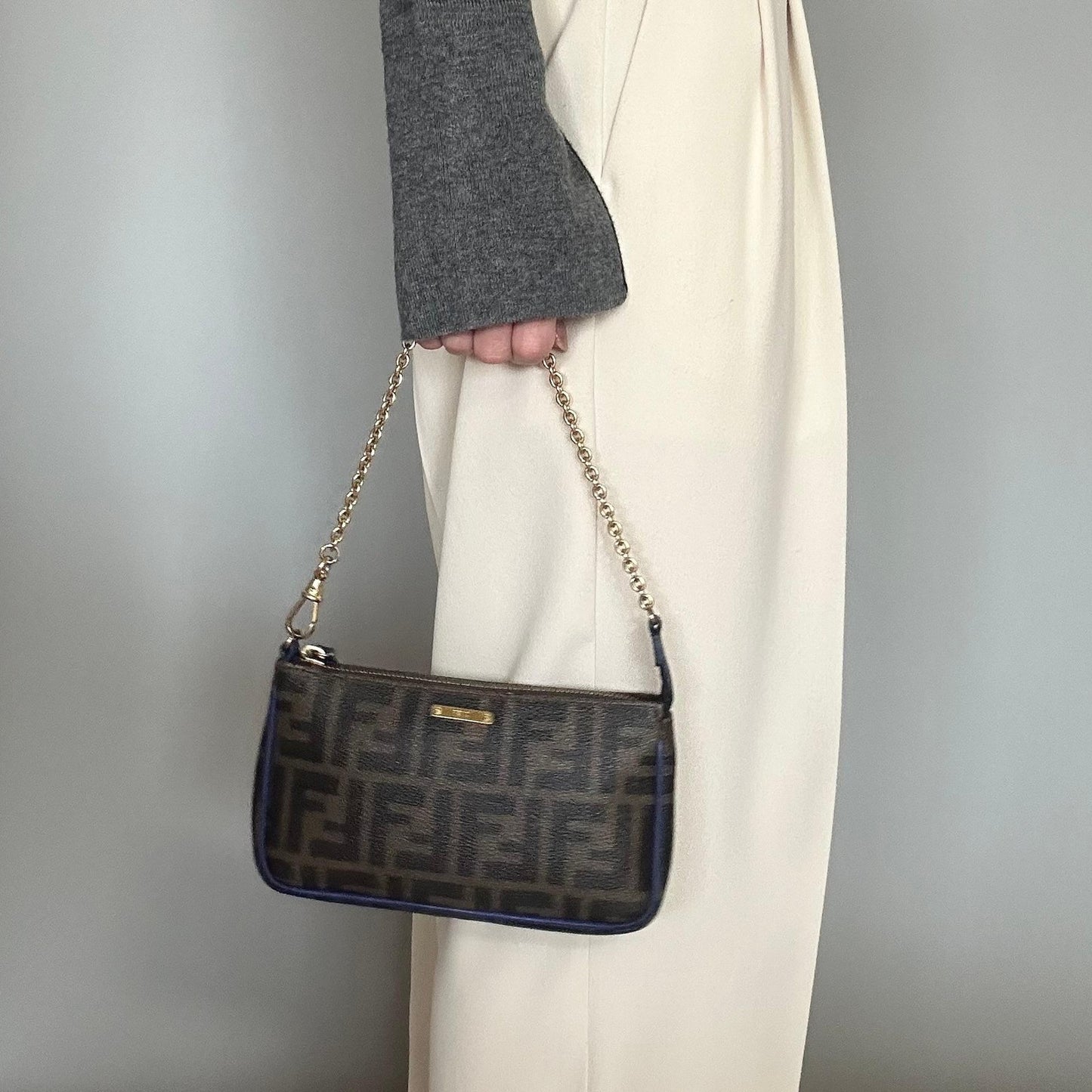 FENDI  Bag Zucca FF Chain Hand Tote Purse Leather Brown Gold Used Authentic