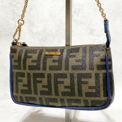 FENDI  Bag Zucca FF Chain Hand Tote Purse Leather Brown Gold Used Authentic
