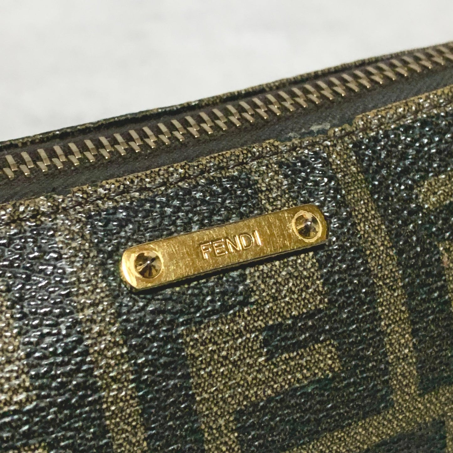 FENDI  Bag Zucca FF Chain Hand Tote Purse Leather Brown Gold Used Authentic
