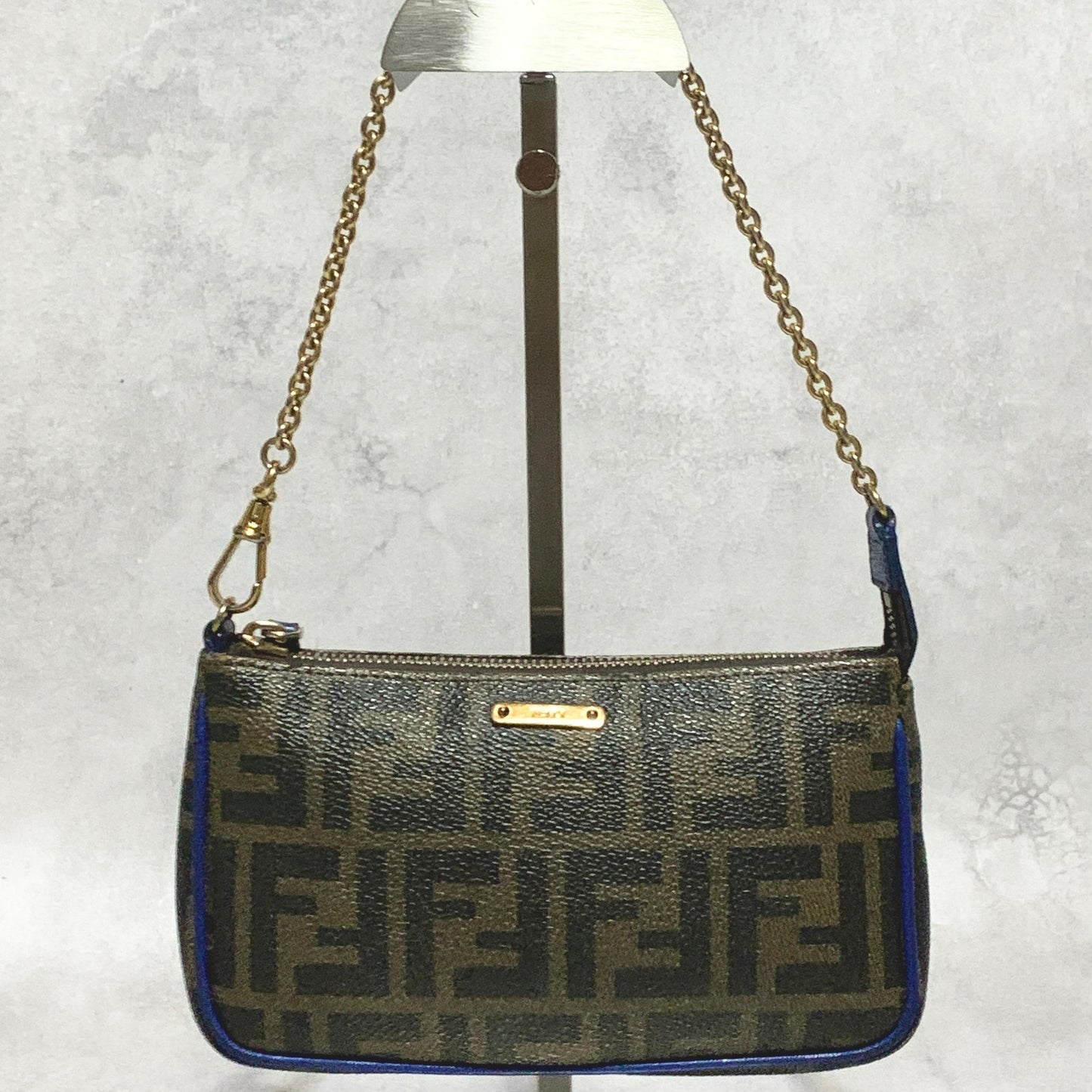 FENDI  Bag Zucca FF Chain Hand Tote Purse Leather Brown Gold Used Authentic