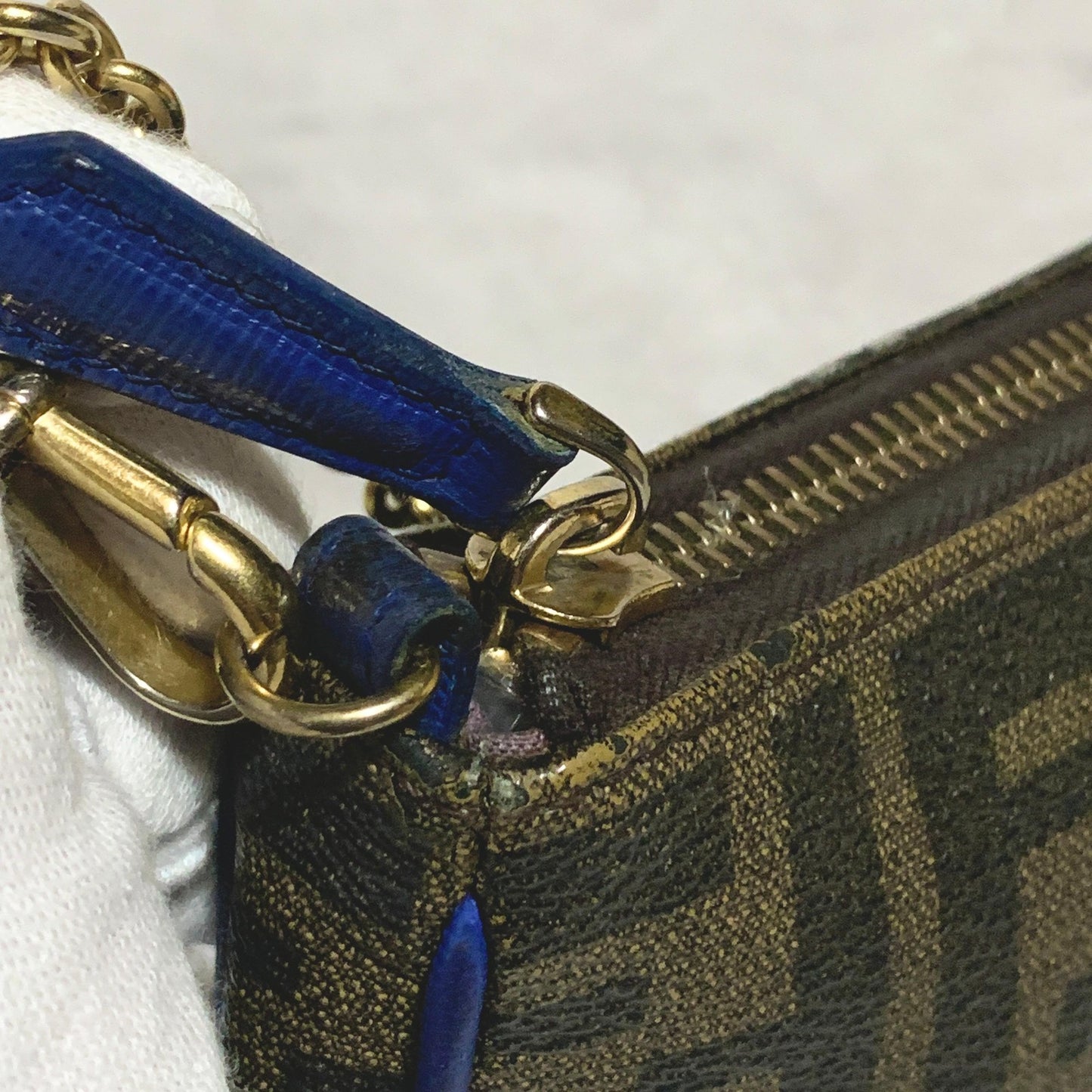 FENDI  Bag Zucca FF Chain Hand Tote Purse Leather Brown Gold Used Authentic