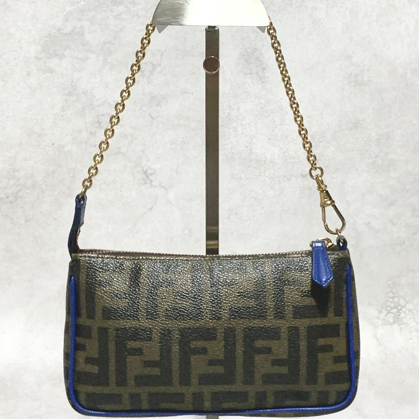 FENDI  Bag Zucca FF Chain Hand Tote Purse Leather Brown Gold Used Authentic