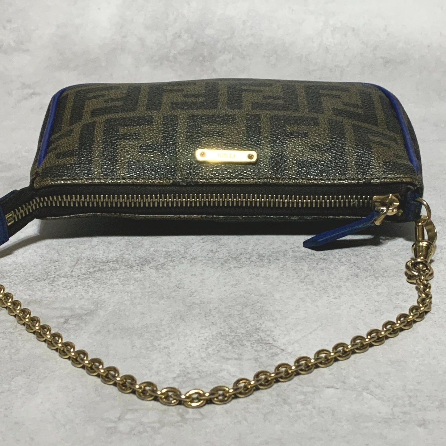 FENDI  Bag Zucca FF Chain Hand Tote Purse Leather Brown Gold Used Authentic