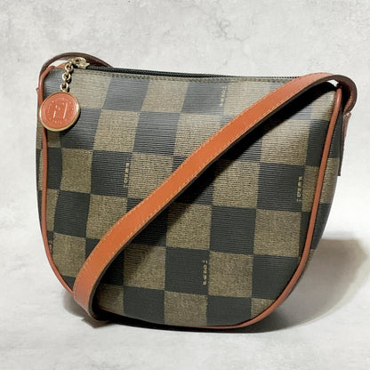 FENDI Bag Pecan FF Logo Shoulder Purse Leather Brown Gold Used Authentic