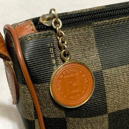 FENDI Bag Pecan FF Logo Shoulder Purse Leather Brown Gold Used Authentic