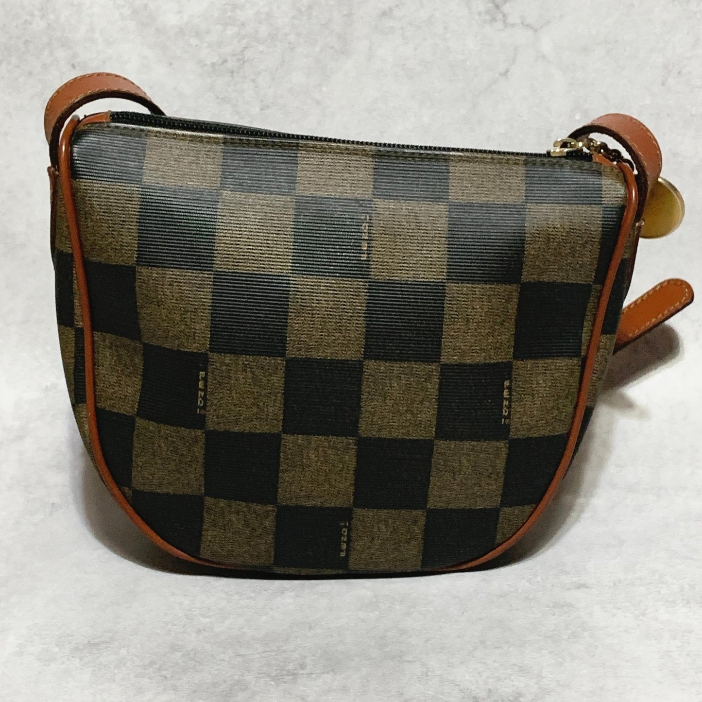 FENDI Bag Pecan FF Logo Shoulder Purse Leather Brown Gold Used Authentic