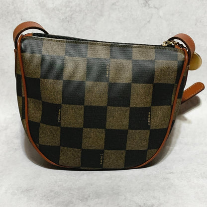 FENDI Bag Pecan FF Logo Shoulder Purse Leather Brown Gold Used Authentic