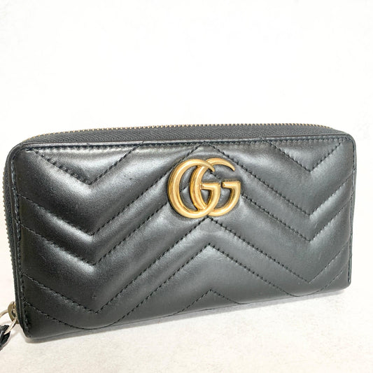 GUCCI Wallet GG Marmont Quilted Round Zip Long Purse Leather Black Gold Auth