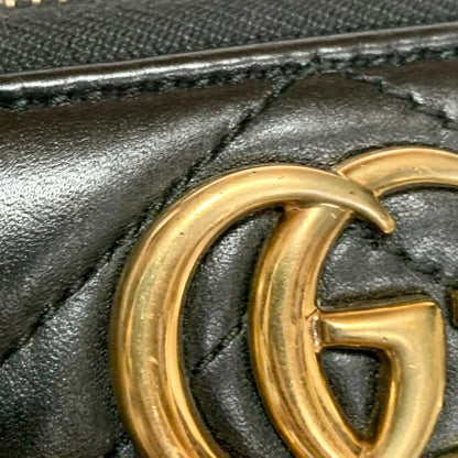 GUCCI Wallet GG Marmont Quilted Round Zip Long Purse Leather Black Gold Auth