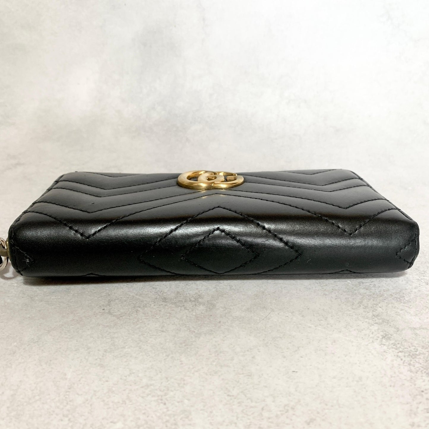 GUCCI Wallet GG Marmont Quilted Round Zip Long Purse Leather Black Gold Auth
