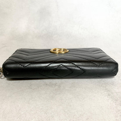 GUCCI Wallet GG Marmont Quilted Round Zip Long Purse Leather Black Gold Auth