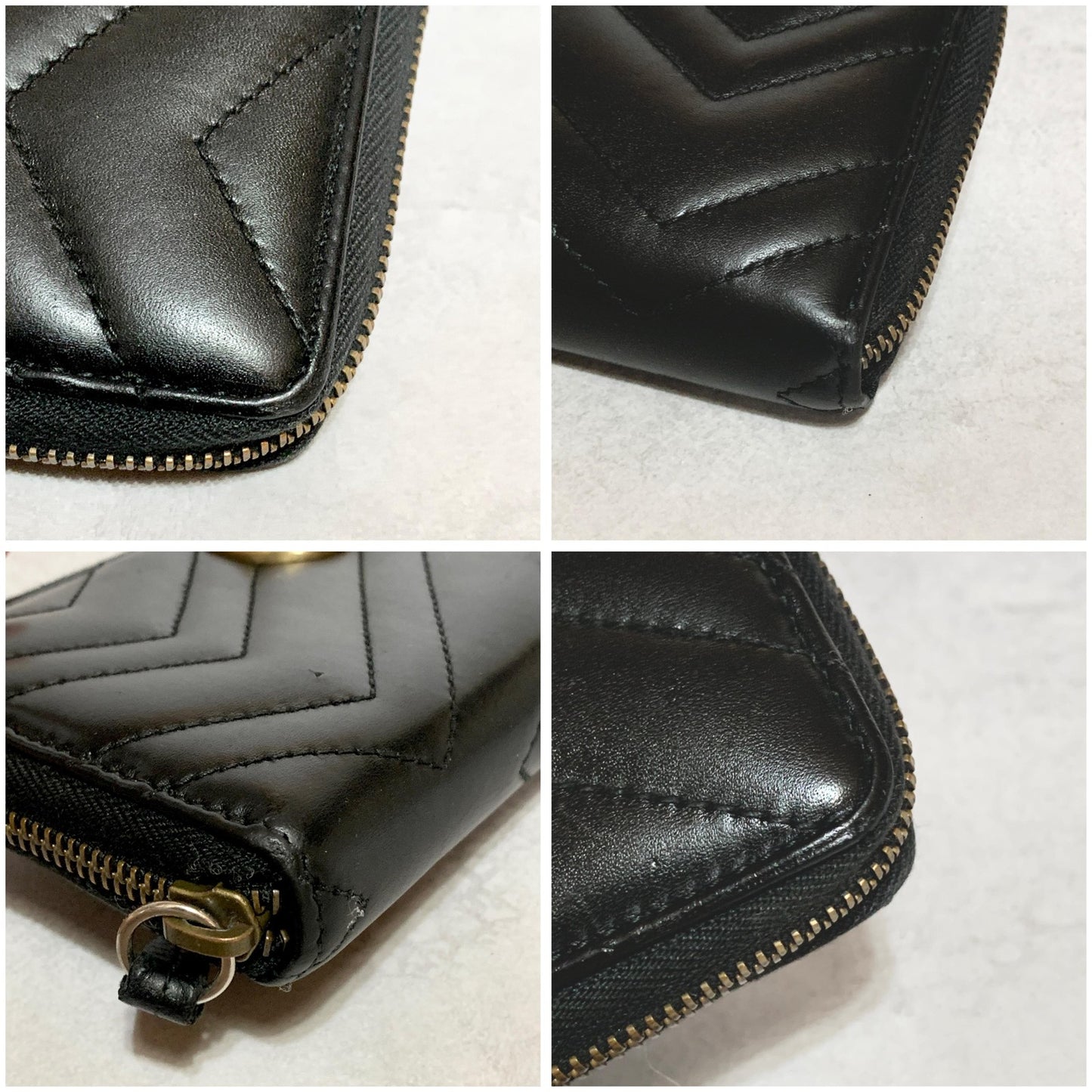 GUCCI Wallet GG Marmont Quilted Round Zip Long Purse Leather Black Gold Auth