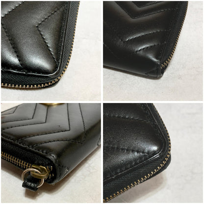 GUCCI Wallet GG Marmont Quilted Round Zip Long Purse Leather Black Gold Auth