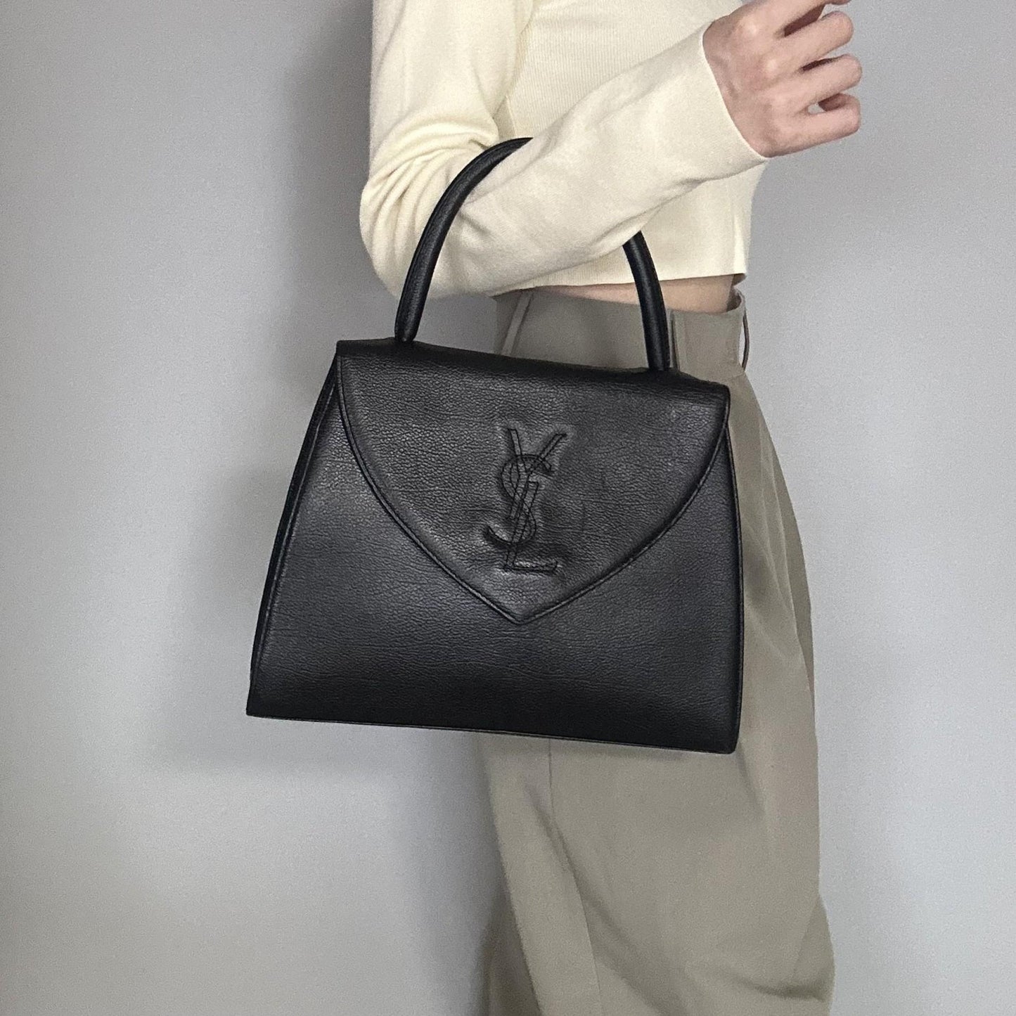 Saint Laurent Bag Cassandra YSL Logo Hand Tote Purse Leather Black Gold Auth