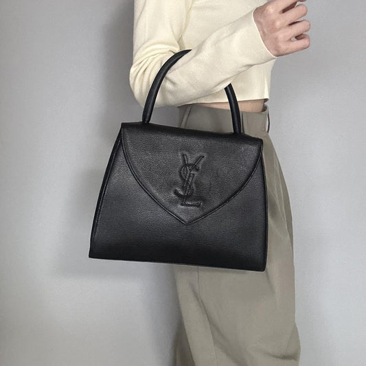 Saint Laurent Bag Cassandra YSL Logo Hand Tote Purse Leather Black Gold Auth