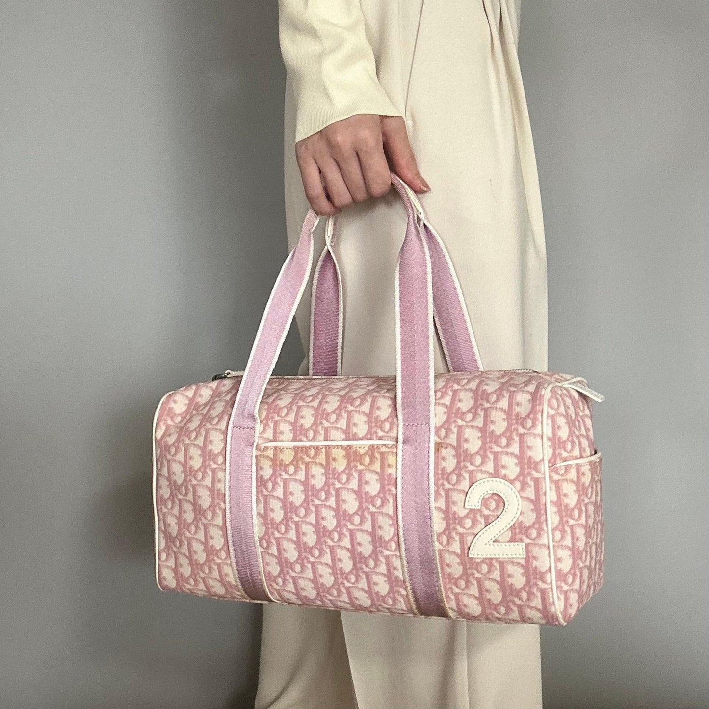 Christian Dior Bag Boston No2 Trotter PVC Hand Tote Purse PVC Pink White Auth