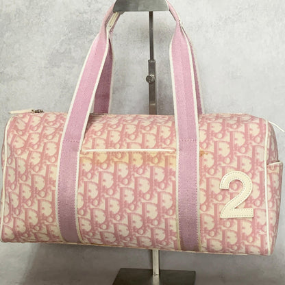 Christian Dior Bag Boston No2 Trotter PVC Hand Tote Purse PVC Pink White Auth
