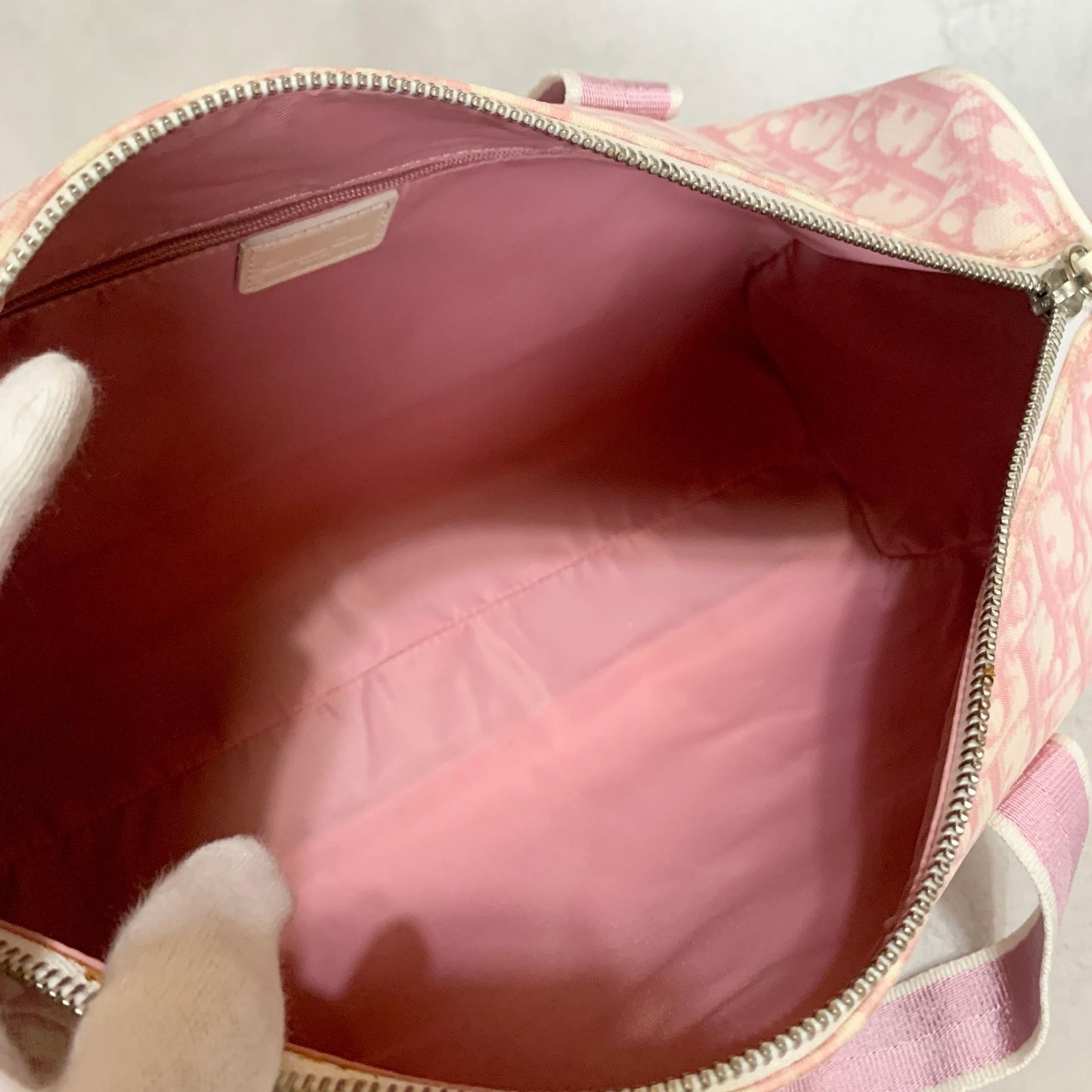 Christian Dior Bag Boston No2 Trotter PVC Hand Tote Purse PVC Pink White Auth
