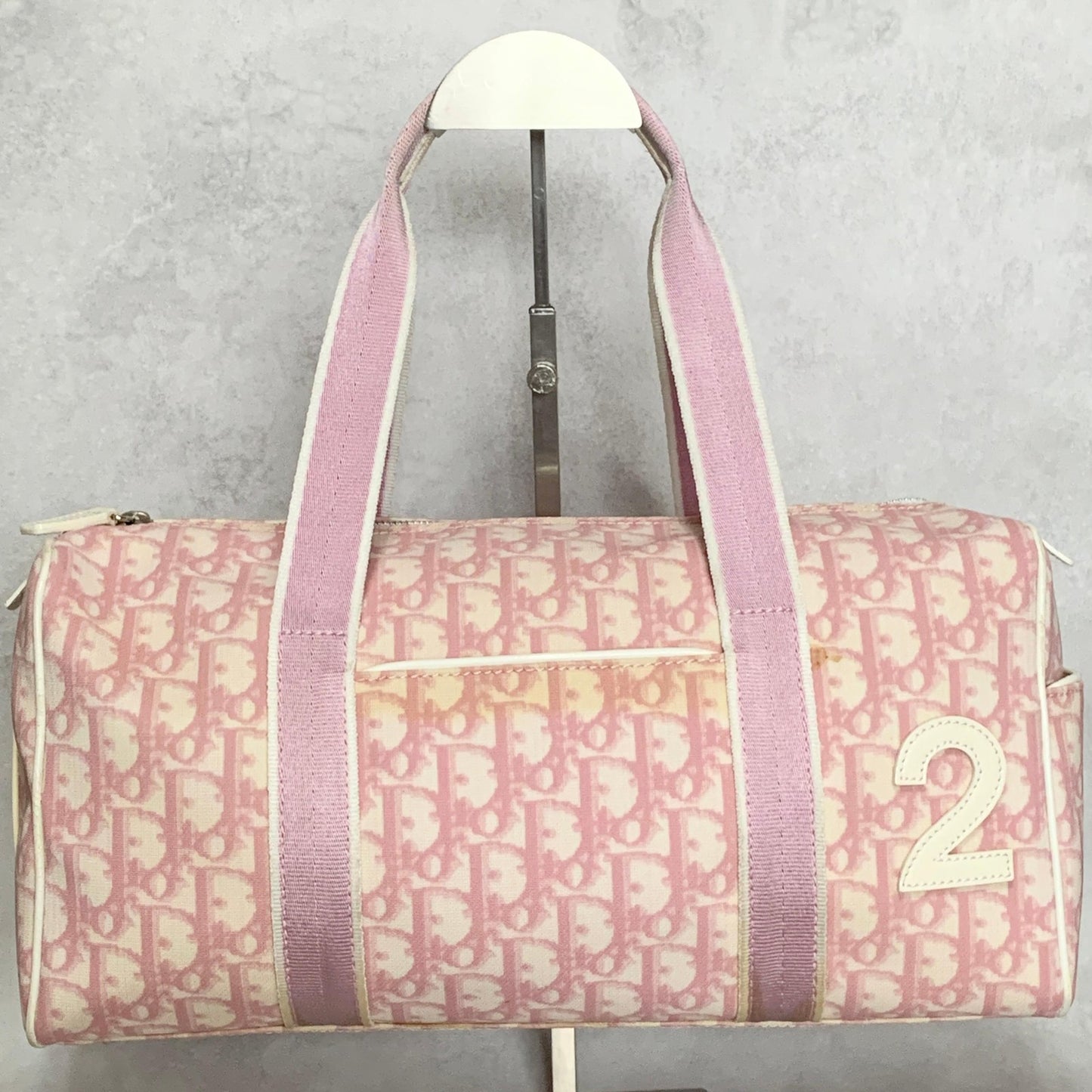 Christian Dior Bag Boston No2 Trotter PVC Hand Tote Purse PVC Pink White Auth