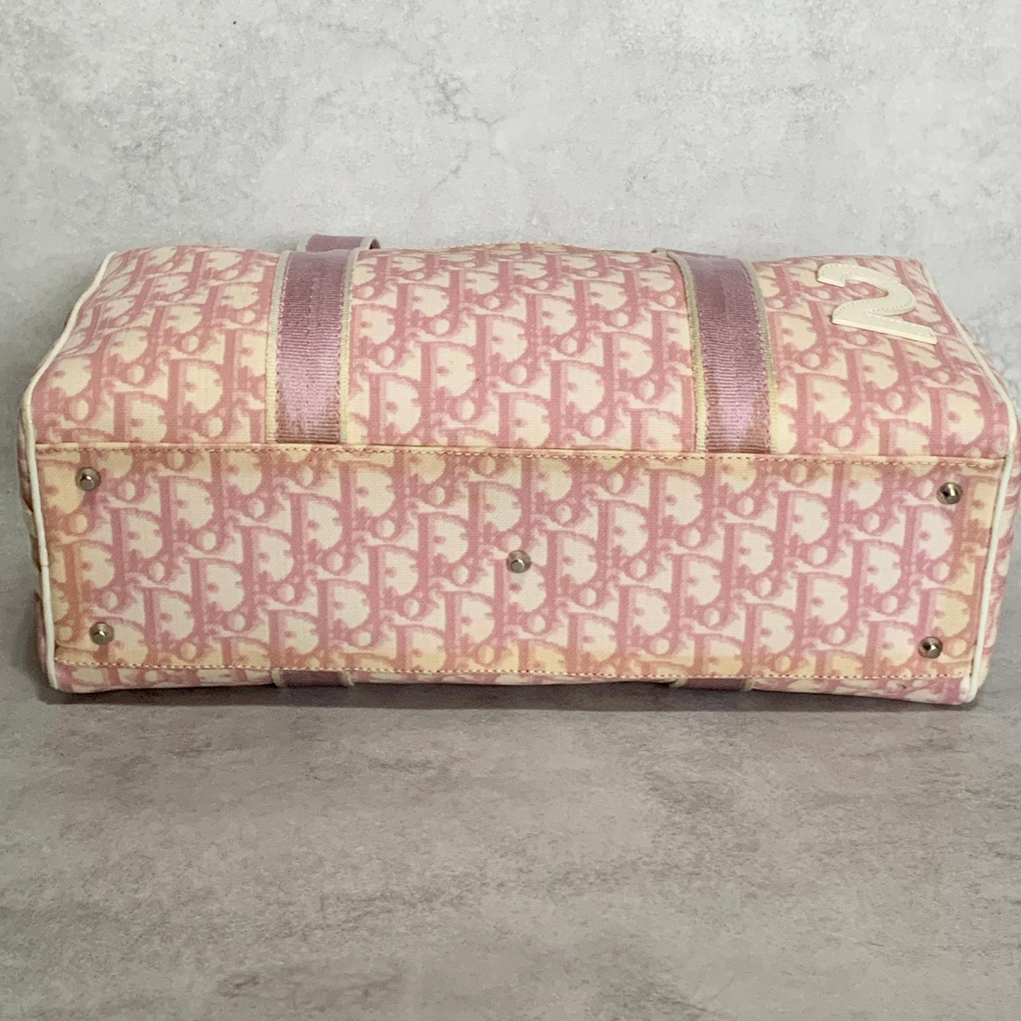 Christian Dior Bag Boston No2 Trotter PVC Hand Tote Purse PVC Pink White Auth