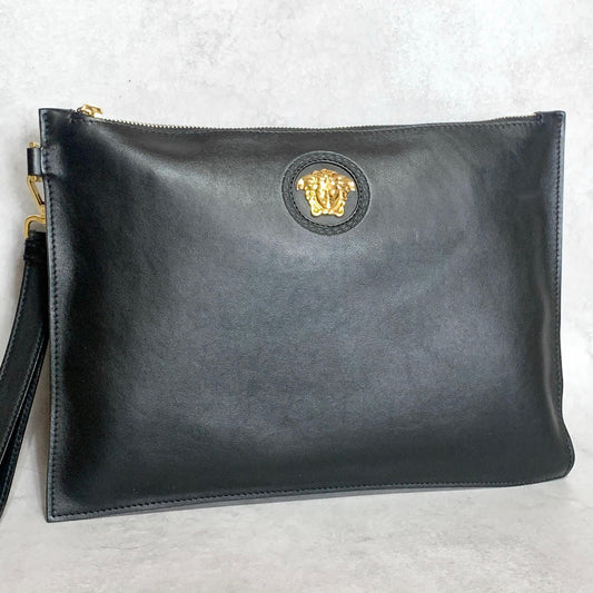 VERSACE Bag Medusa Clutch Purse Hand Leather Black Gold Used Authentic