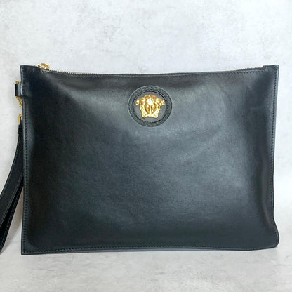 VERSACE Bag Medusa Clutch Purse Hand Leather Black Gold Used Authentic