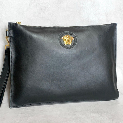 VERSACE Bag Medusa Clutch Purse Hand Leather Black Gold Used Authentic