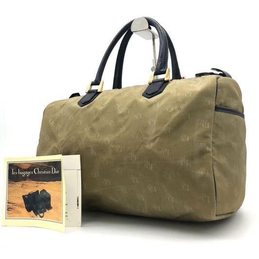 Christian Dior Boston Hand Bag Tote Purse Logo Nylon Khaki Authentic