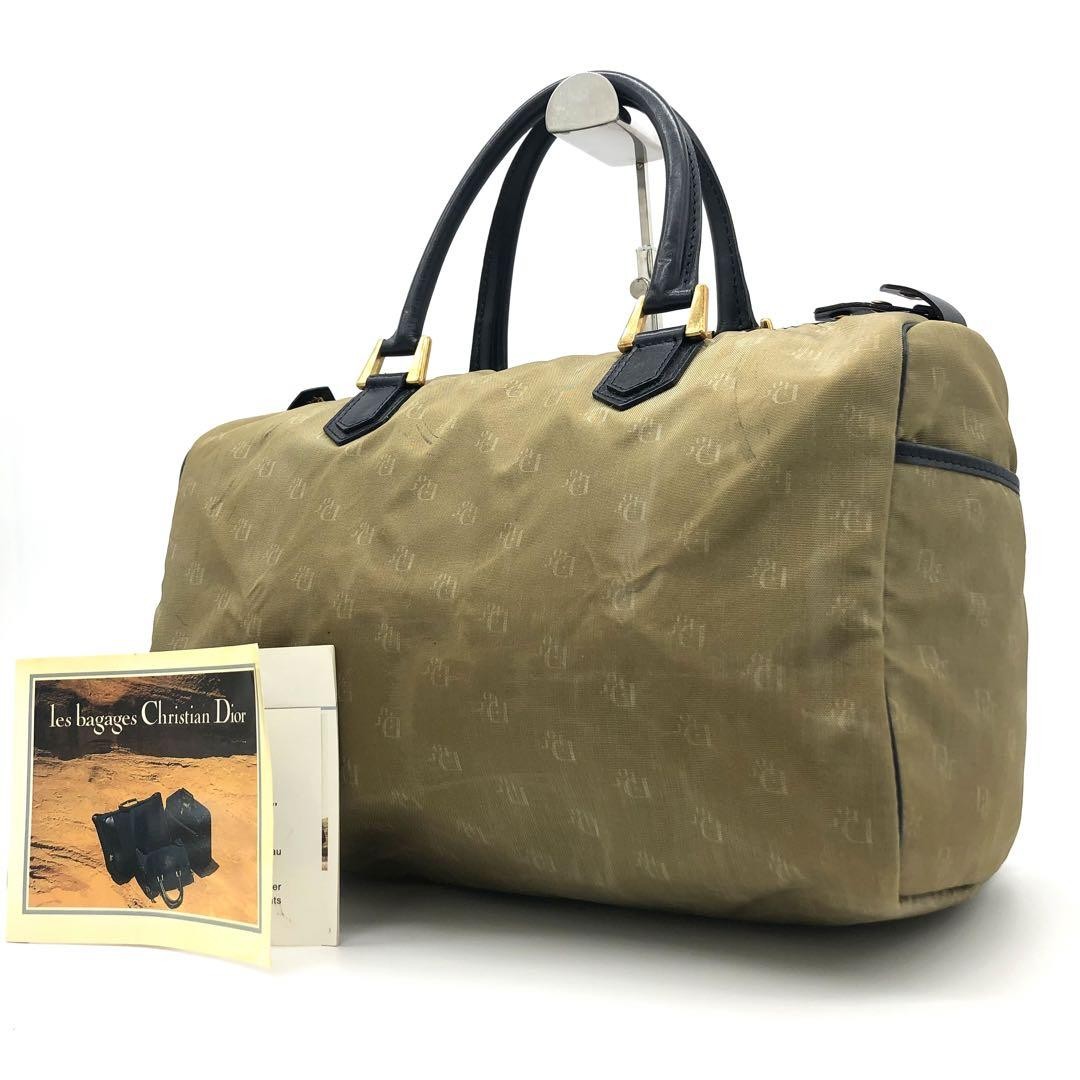 Christian Dior Boston Hand Bag Tote Purse Logo Nylon Khaki Authentic