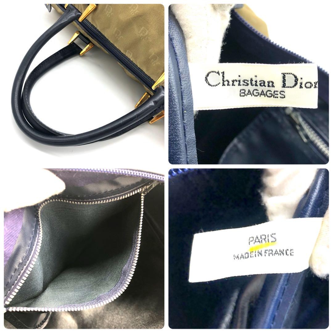 Christian Dior Boston Hand Bag Tote Purse Logo Nylon Khaki Authentic