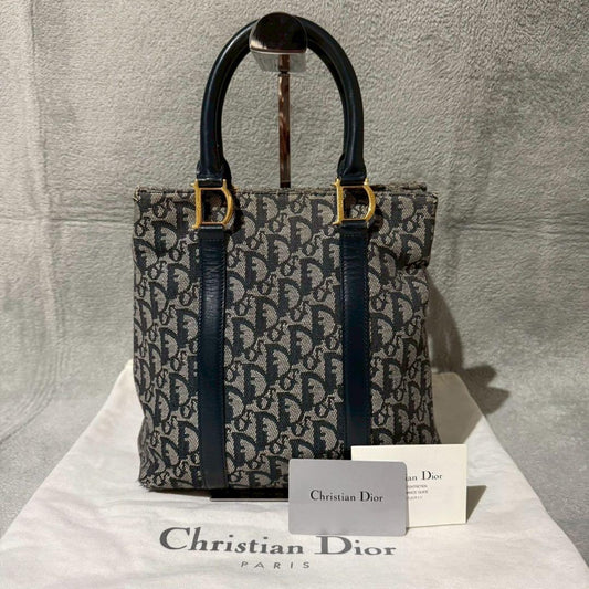 Christian Dior Hand Bag Tote Purse Trotter Leather Canvas Navy Authentic