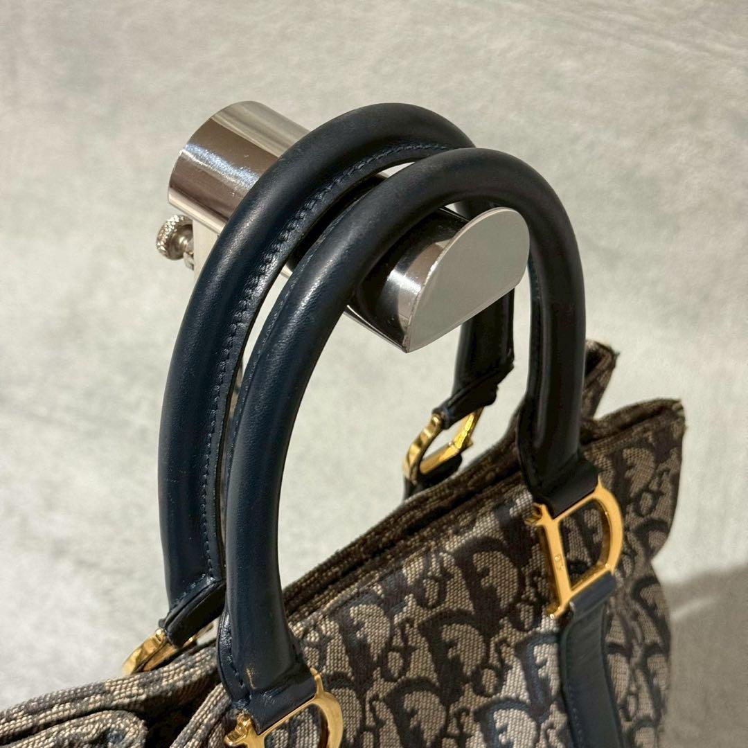Christian Dior Hand Bag Tote Purse Trotter Leather Canvas Navy Authentic