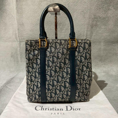 Christian Dior Hand Bag Tote Purse Trotter Leather Canvas Navy Authentic