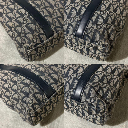 Christian Dior Hand Bag Tote Purse Trotter Leather Canvas Navy Authentic