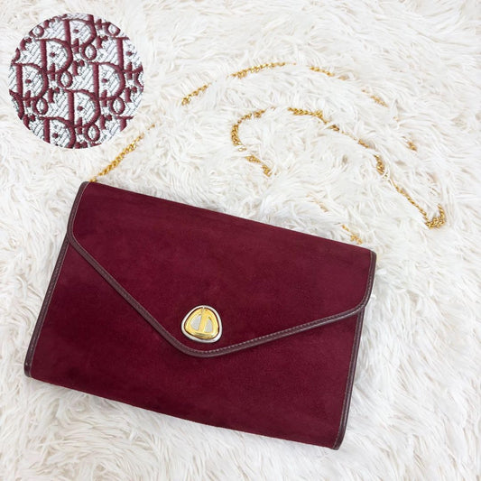 Christian Dior Shoulder Bag Purse Chain Suede Leather Bordeaux Authentic