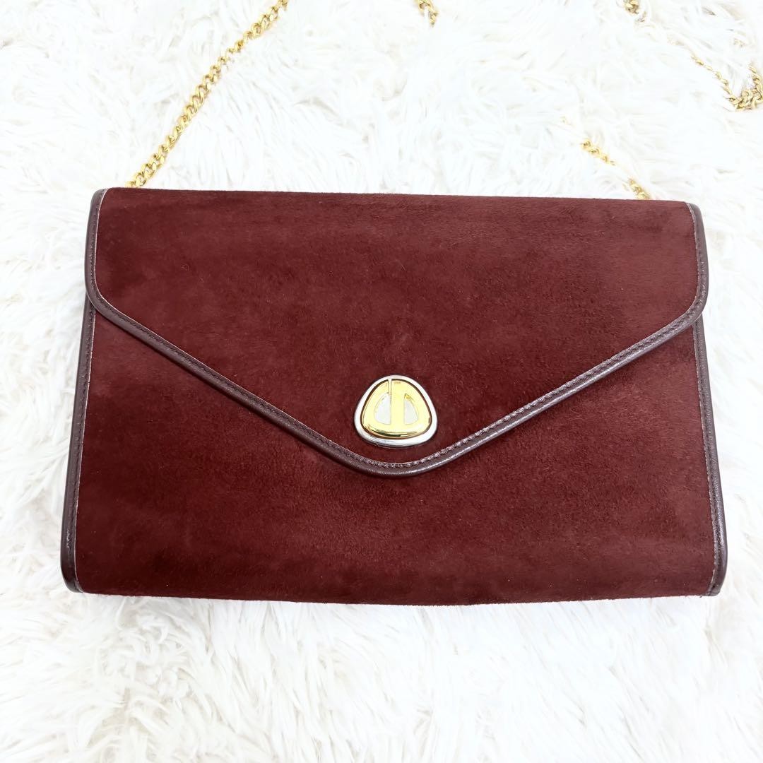 Christian Dior Shoulder Bag Purse Chain Suede Leather Bordeaux Authentic