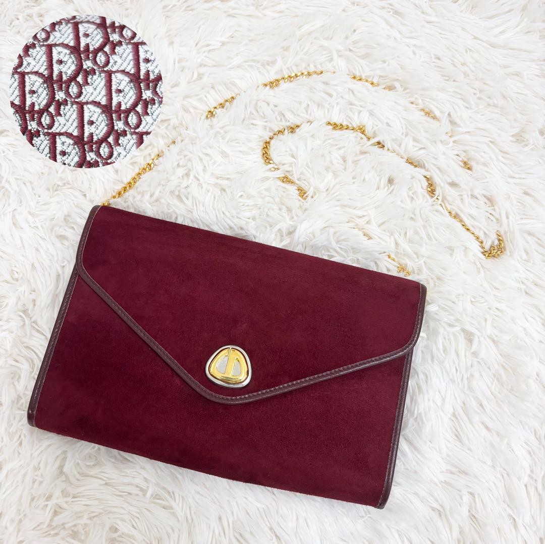 Christian Dior Shoulder Bag Purse Chain Suede Leather Bordeaux Authentic