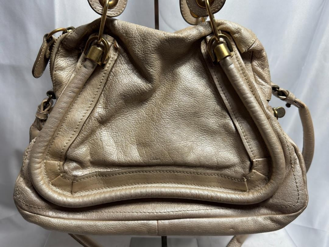 Chloe Hand Shoulder Bag Tote Purse 2way Paraty Leather Beige Authentic