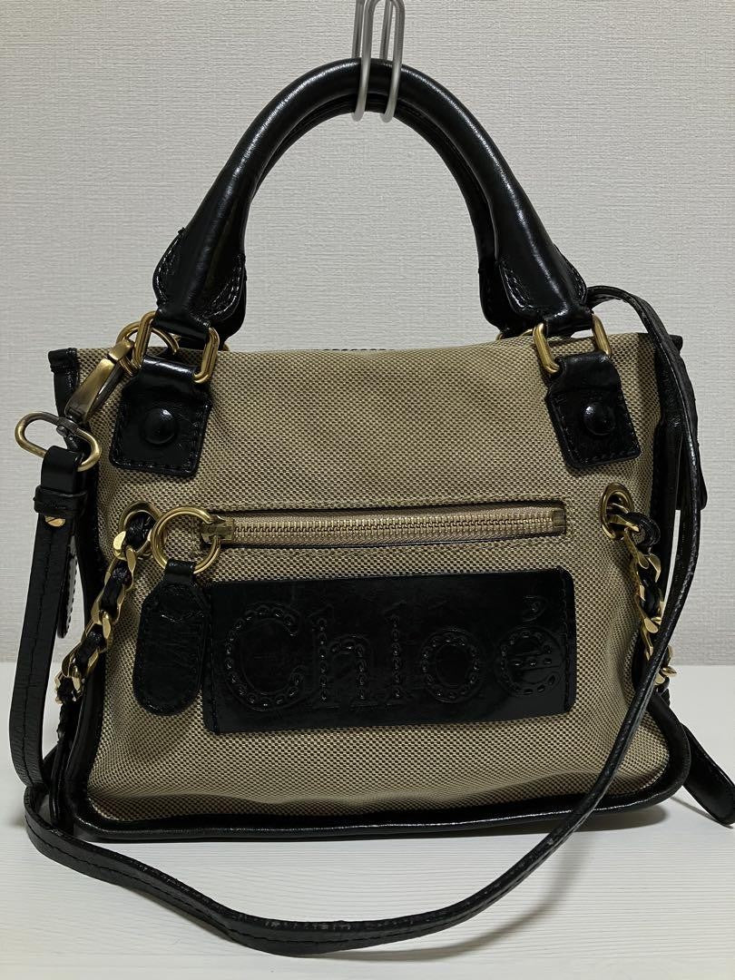 Chloe Hand Bag Tote Purse Canvas Leather Beige Authentic