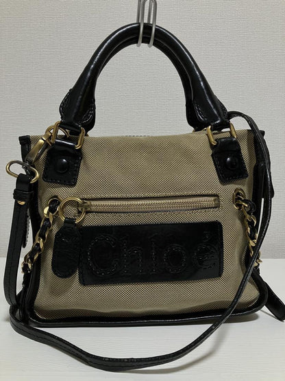 Chloe Hand Bag Tote Purse Canvas Leather Beige Authentic