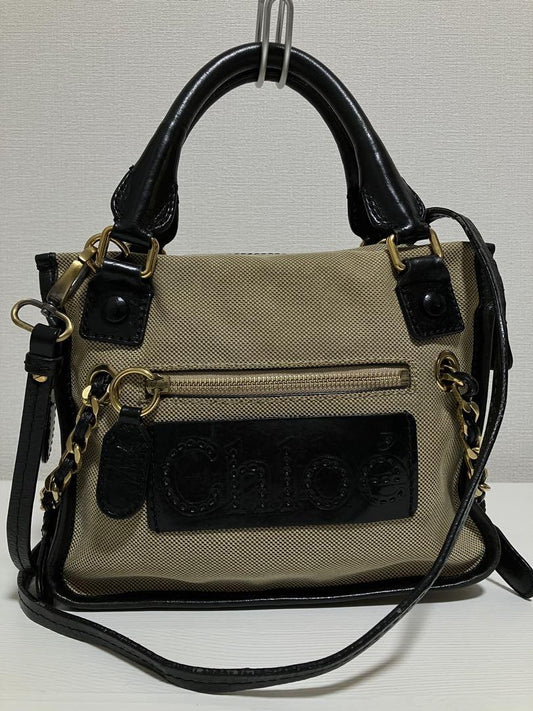 Chloe Hand Bag Tote Purse Canvas Leather Beige Authentic
