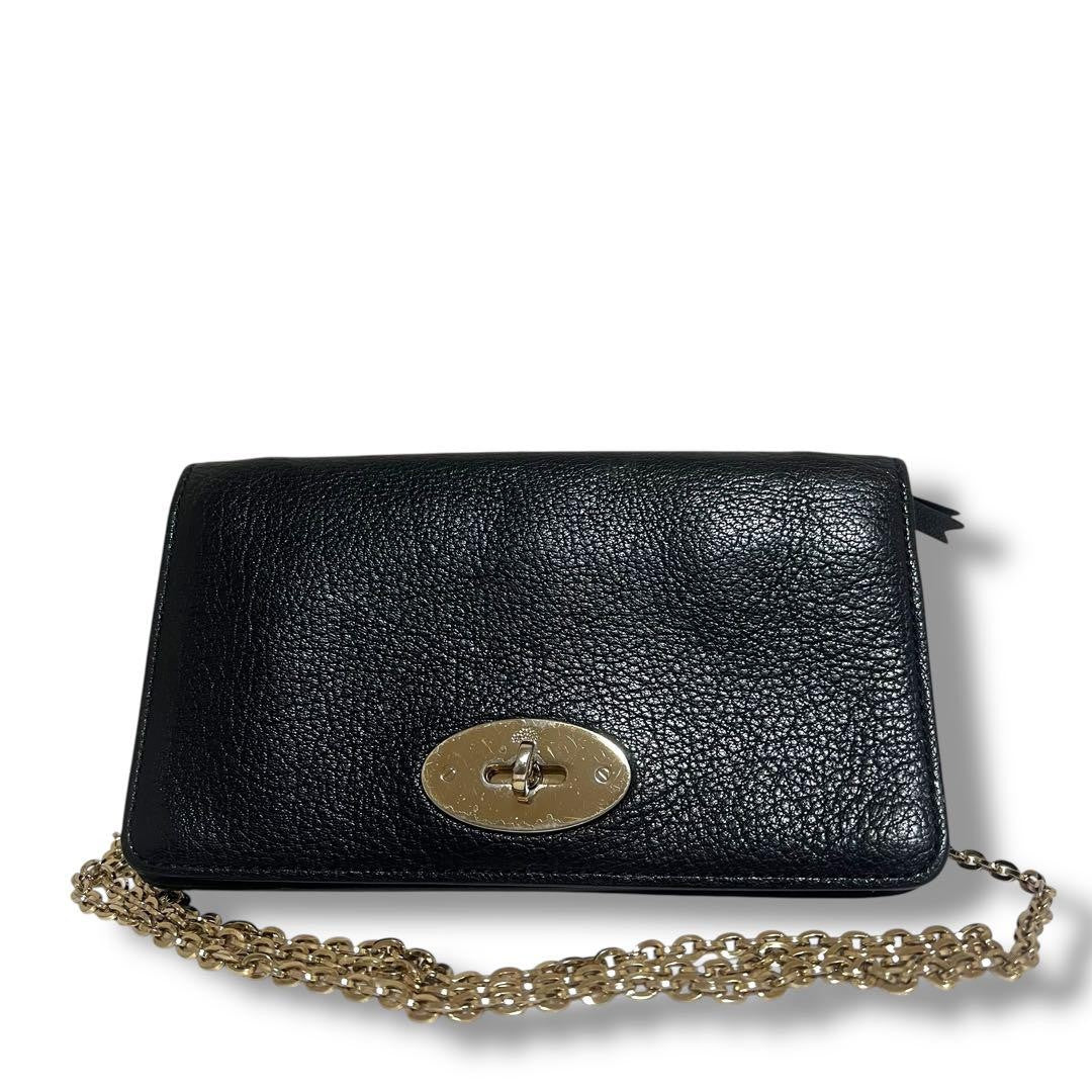 MULBERRY Shoulder Bag Purse Turn Lock Chain Leather Black Authentic