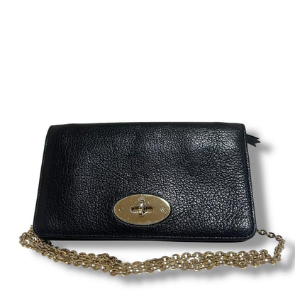MULBERRY Shoulder Bag Purse Turn Lock Chain Leather Black Authentic