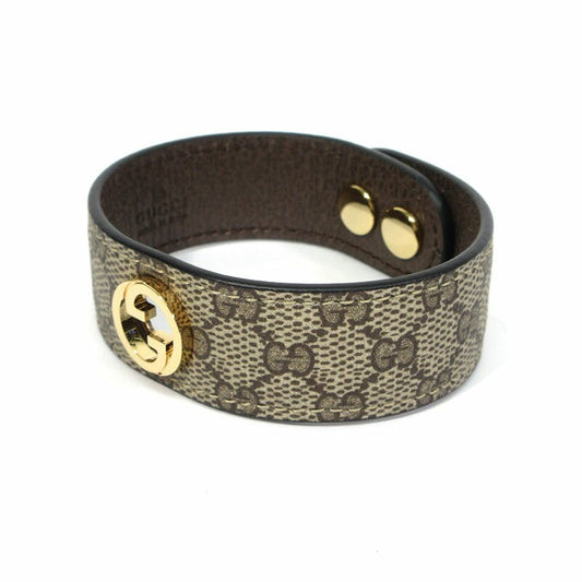 GUCCI Bracelet Bangle GG Supreme Leather Beige Brown Gold Women Accessory Auth