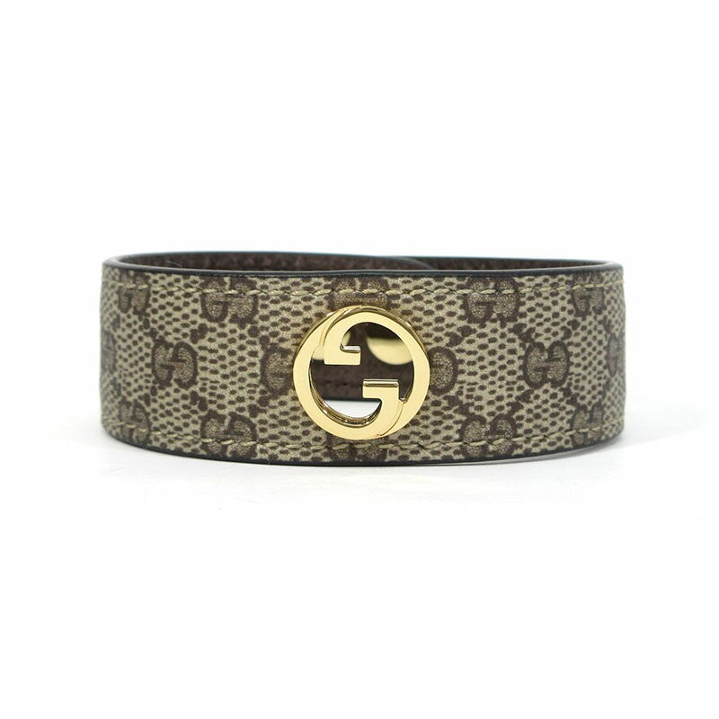 GUCCI Bracelet Bangle GG Supreme Leather Beige Brown Gold Women Accessory Auth
