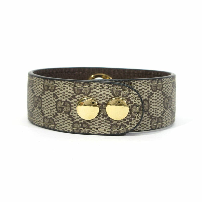 GUCCI Bracelet Bangle GG Supreme Leather Beige Brown Gold Women Accessory Auth