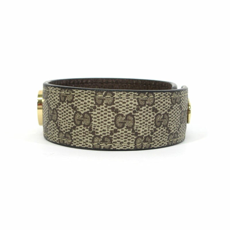 GUCCI Bracelet Bangle GG Supreme Leather Beige Brown Gold Women Accessory Auth