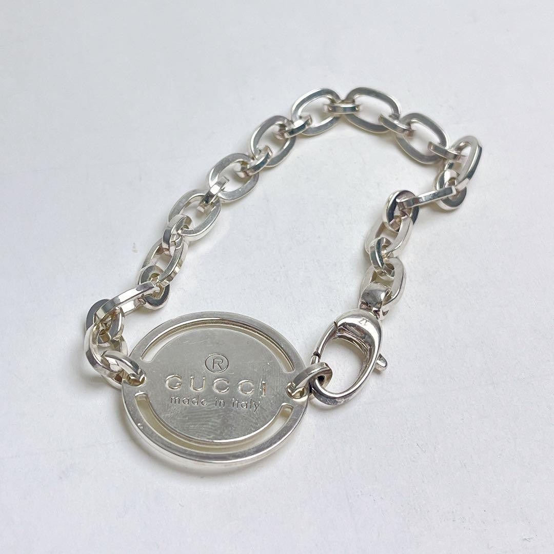 GUCCI Bracelet Bangle Circle Logo Plate Chain Silver 925 Unisex Accessory Auth