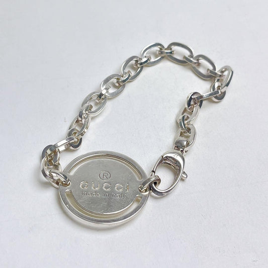 GUCCI Bracelet Bangle Circle Logo Plate Chain Silver 925 Unisex Accessory Auth