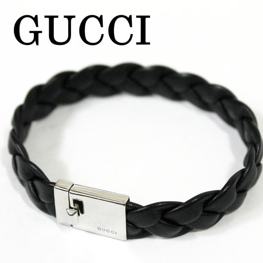 GUCCI Bracelet Bangle Leather Silver Black Women Accessory Authentic